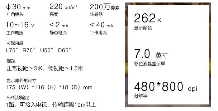 可視貓眼的技術(shù)參數(shù)——７英寸彩色液晶顯示屏，可接入電視，清晰分辨率