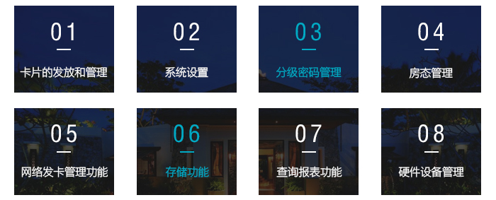 酒店管理軟件主要功能——卡片的發(fā)放與管理， 系統(tǒng)設(shè)置，分級(jí)密碼管理，房態(tài)管理，存儲(chǔ)功能，查詢報(bào)表功能，硬件設(shè)備管理等